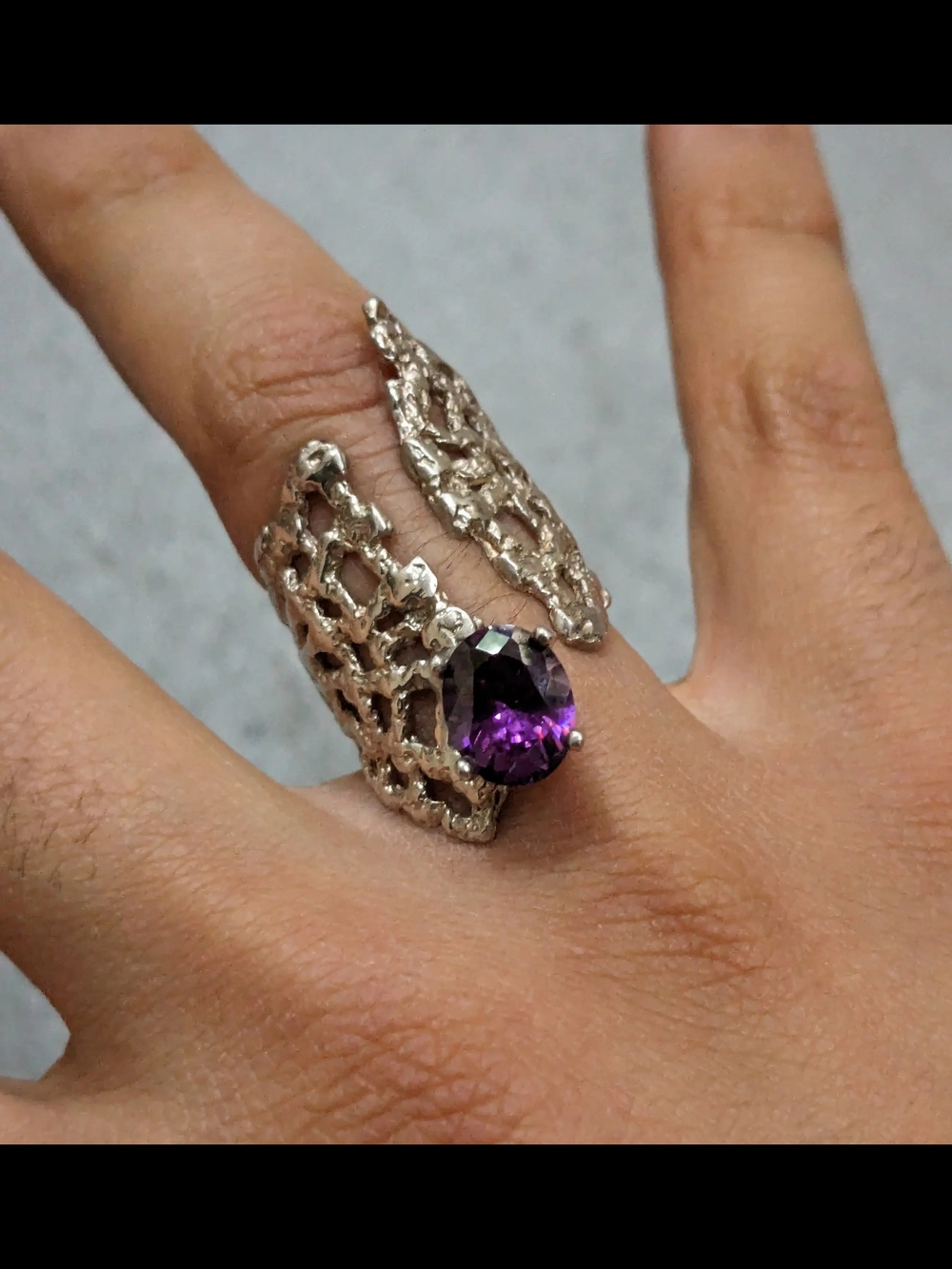 Silver Openwork Artisan Amethyst Ring sz 8